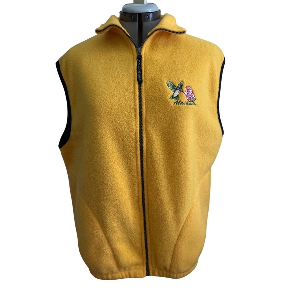 Vtg Polar Graphics Yellow Zip Fleece Vest M Embroidered Hummingbird & Flowers
